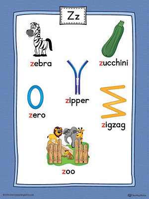 letter z word list with illustrations printable poster color
