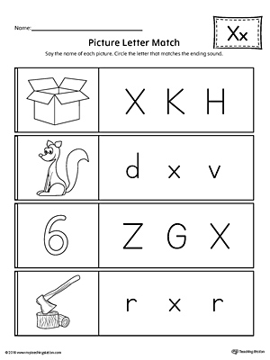 Use the Picture Letter Match: Letter X printable worksheet to practice recognizing the ending sound of the letter X.