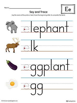 Say and Trace: Short Letter E Beginning Sound Words Worksheet (Color