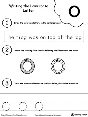 Practice writing alphabet lowercase letter O in this printable worksheet.