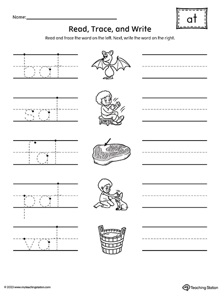 AT Word Family Trace and Write CVC Words Worksheet | MyTeachingStation.com