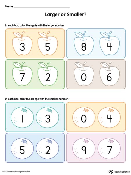 Larger or Smaller Numbers 1 9 Printable Worksheet (Color