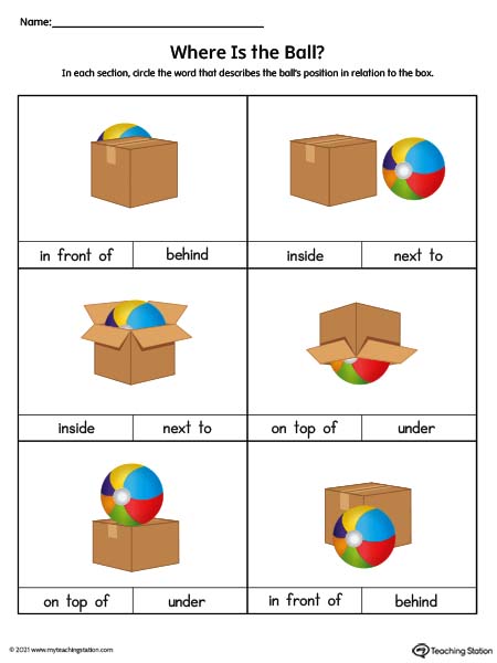 Positional Words Worksheet: In Front Of, Behind, Inside, Next To